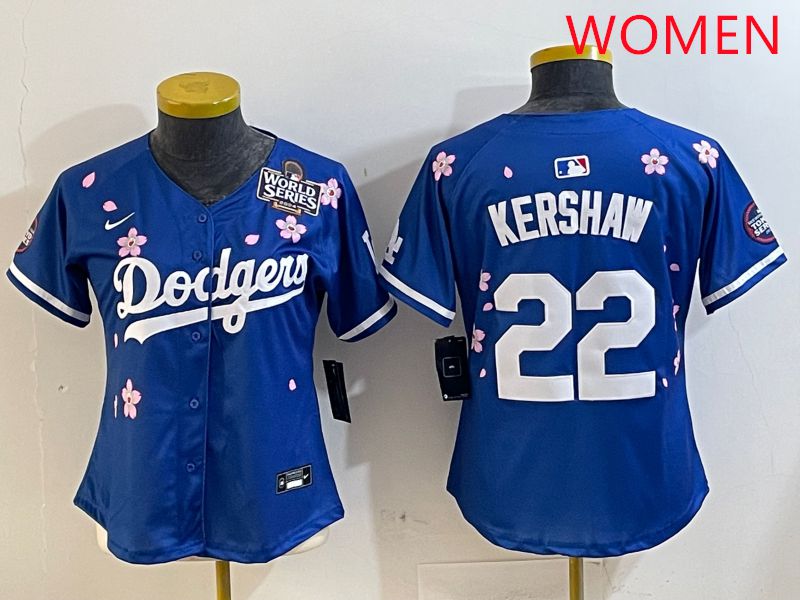 Women Los Angeles Dodgers #22 Kershaw Blue White Blue Sakura Edition 2025 Nike MLB Jersey style 6->women mlb jersey->Women Jersey